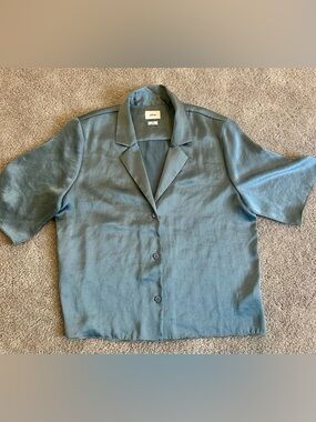 Aritzia Wilfred Satin Short-Sleeve Button Front Top - Blue